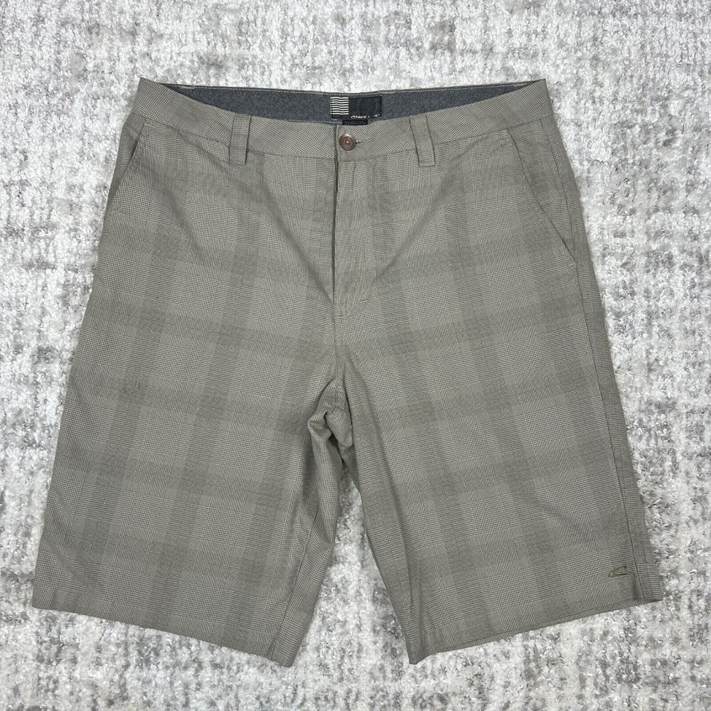 O'Neill Shorts 33 Chino Tan Beige Pockets Plaid Light Weight Casual Chequered
